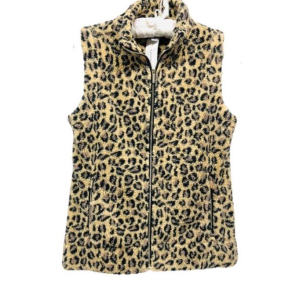CALVIN KLEIN leopard faux fur  Sherpa Sleeveless cardigan vest zip up size M